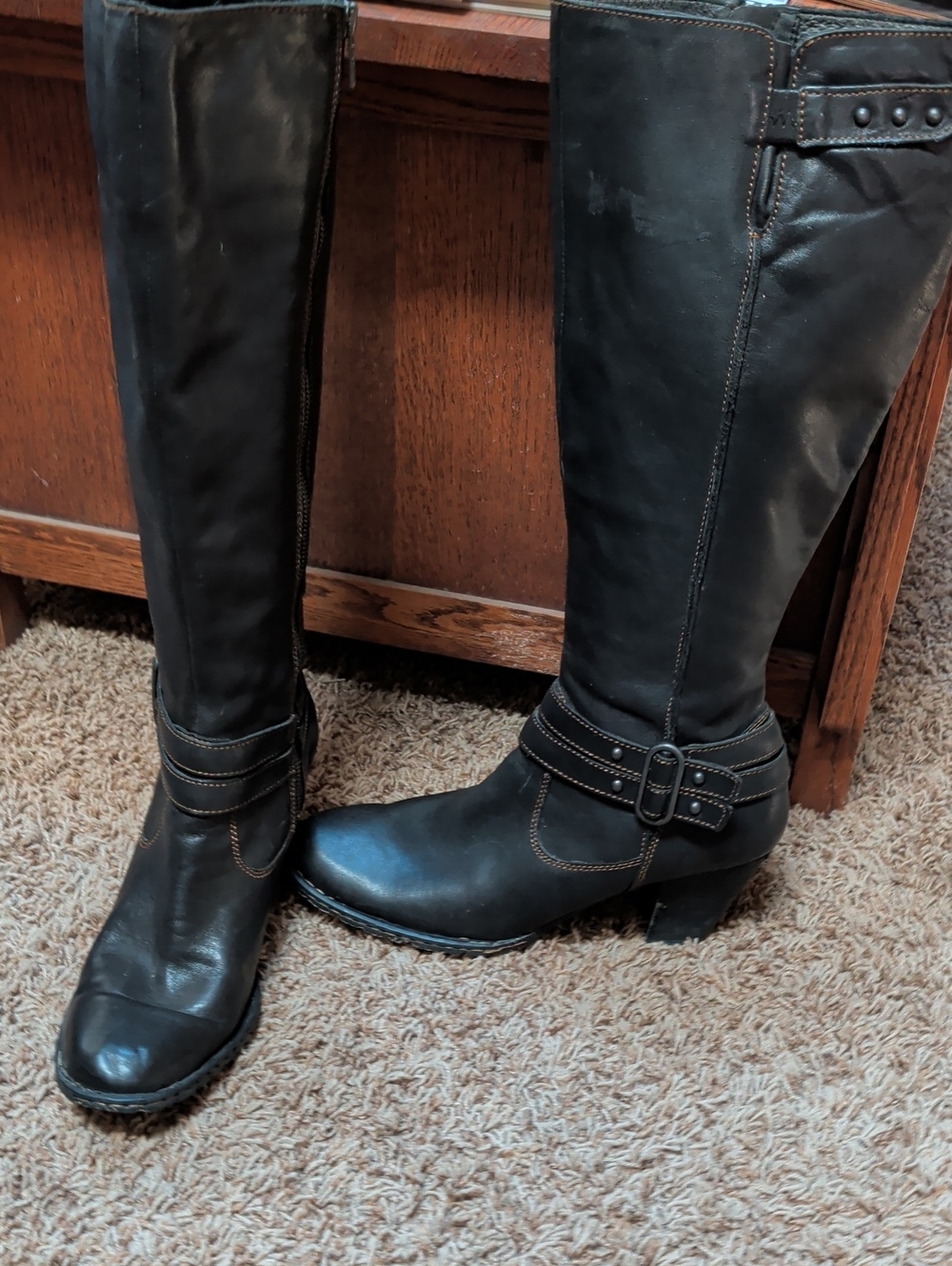 Tall Black Heeled Knee-High Boots with Buckle Strap